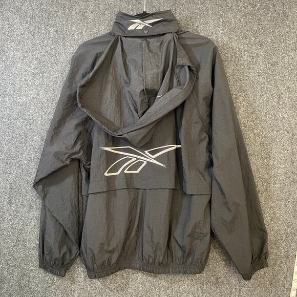 Vintage Reebok Windbreaker Jacket M Black Nylon Zip Up Logo Spell Out 90s Y2K - Picture 3 of 9